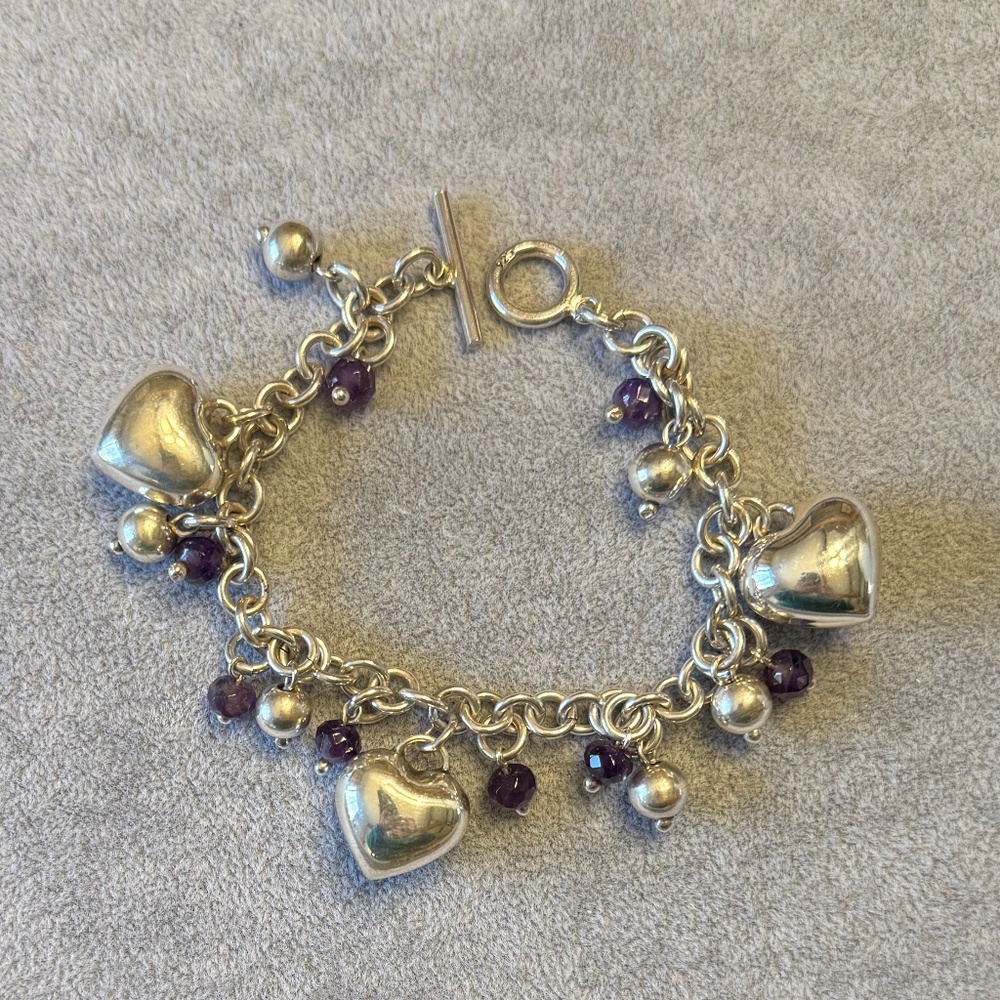 Sterling Silver Heart & Amethyst Bracelet - Heavy - 48Grams